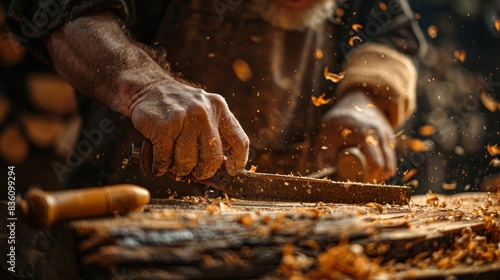 Close-up of a carpenter's hands working on a piece of wood, with sawdust flying in the air.