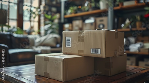 Stacked Delivery Boxes with Online Store Branding in a Home Office Setting for E commerce and Business Concepts