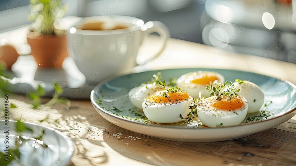 A bright and sunny breakfast table with a hot cup of coffee and soft-boiled eggs, garnished with herbs. A bright and sunny breakfast table with a hot cup of coffee and soft-boiled eggs, garnished with herbs.