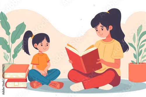 A painted mother and daughter are sitting on the floor in the living room and reading a book. The concept of nurturing a love of reading and developing self-knowledge. 