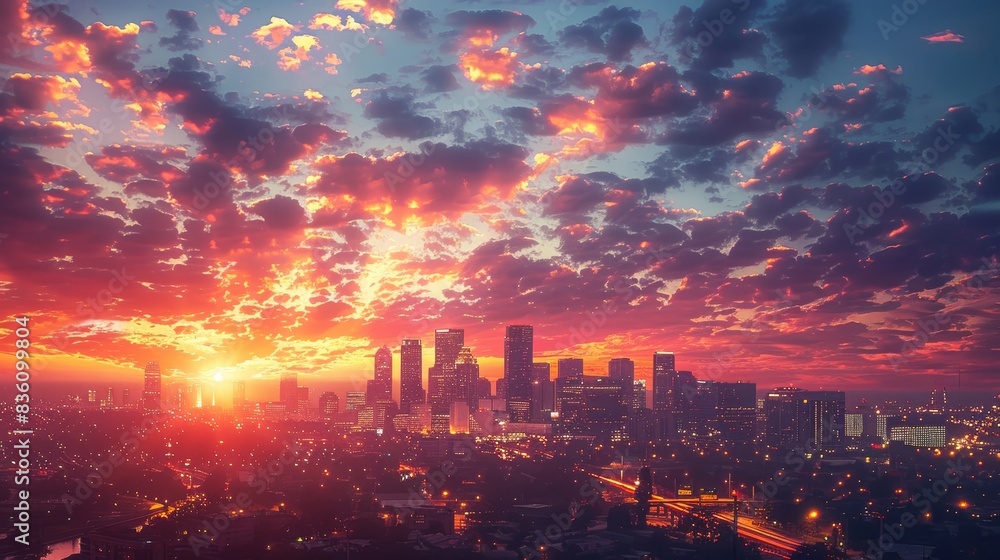 A vibrant sunset casts an orange glow over a city skyline, with dramatic clouds filling the sky. A vibrant sunset casts an orange glow over a city skyline, with dramatic clouds filling the sky.