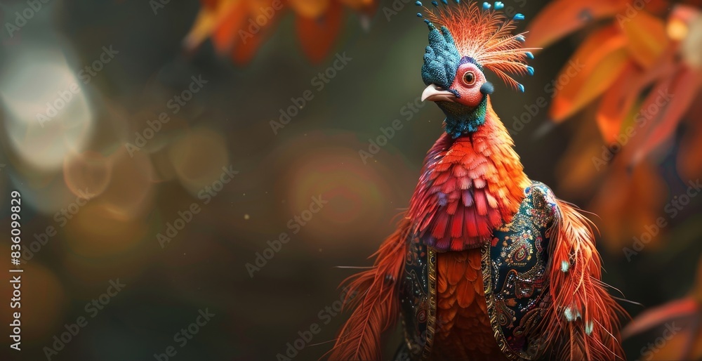 Fototapeta premium A vibrant pheasant with a striking red and blue plumage stands out against a background of autumn leaves.