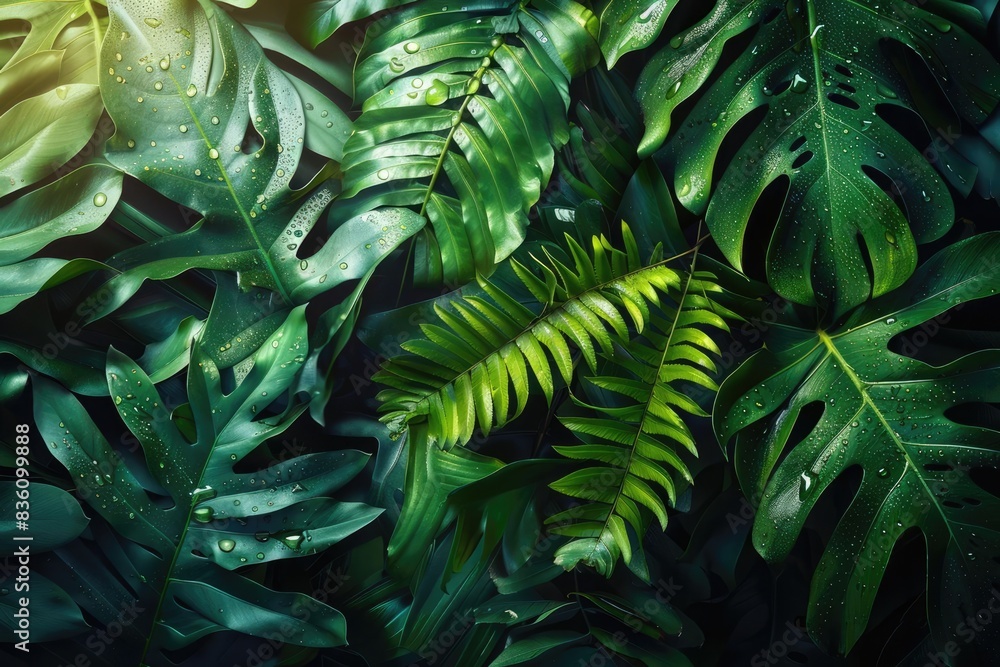 Lush green tropical leaves with dew drops, bathed in sunlight, showcasing the beauty of nature's foliage and natural environment. Lush green tropical leaves with dew drops, bathed in sunlight, showcasing the beauty of nature's foliage and natural environment.