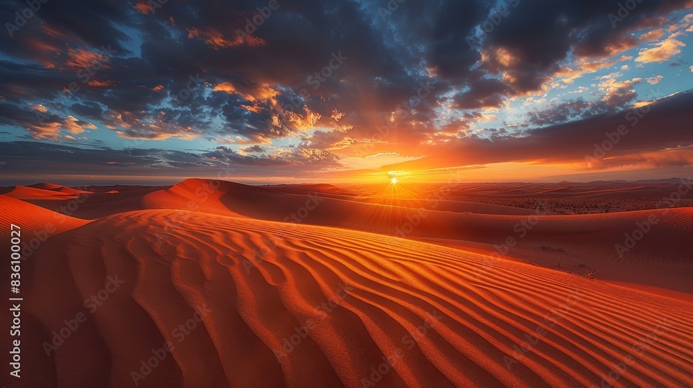 A stunning sunset over the desert, with the sun casting a warm glow on the sand dunes. A stunning sunset over the desert, with the sun casting a warm glow on the sand dunes.