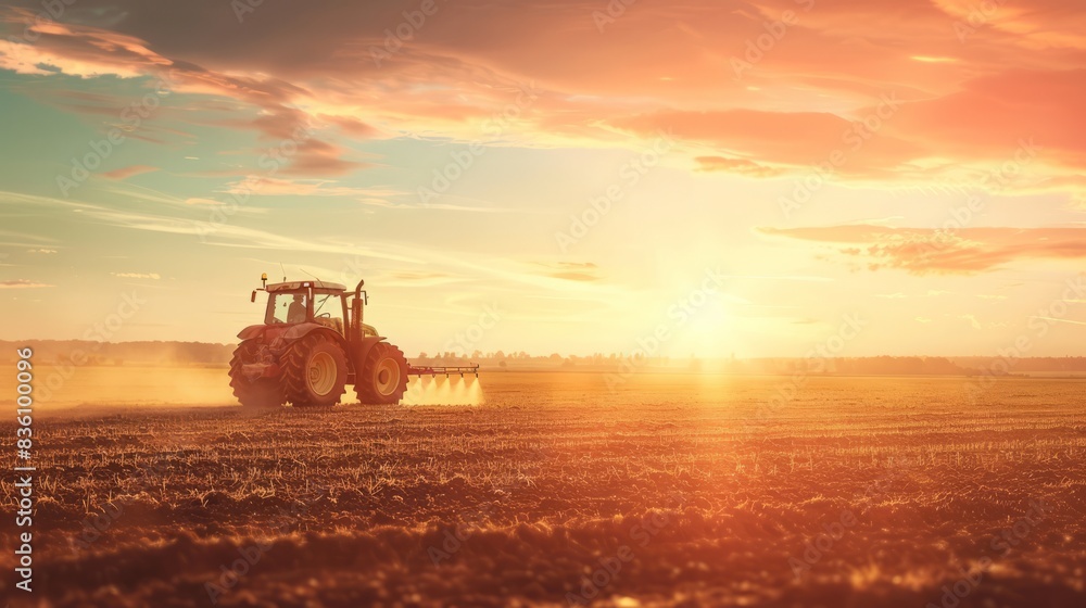 Fototapeta premium Farmer rides on a tractor and waters the fields, agricultural business concept