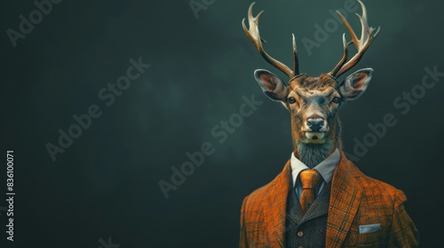 A stag in a suit and tie stares intensely at the camera.  The image evokes a sense of mystery and intrigue. photo
