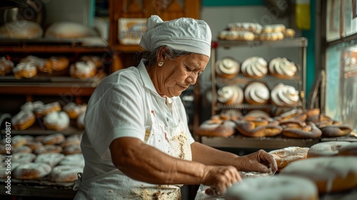 a woman in a white hat is making doughnuts 