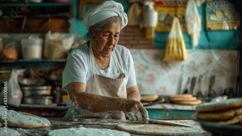 an elderly woman in a kitchen making bread 