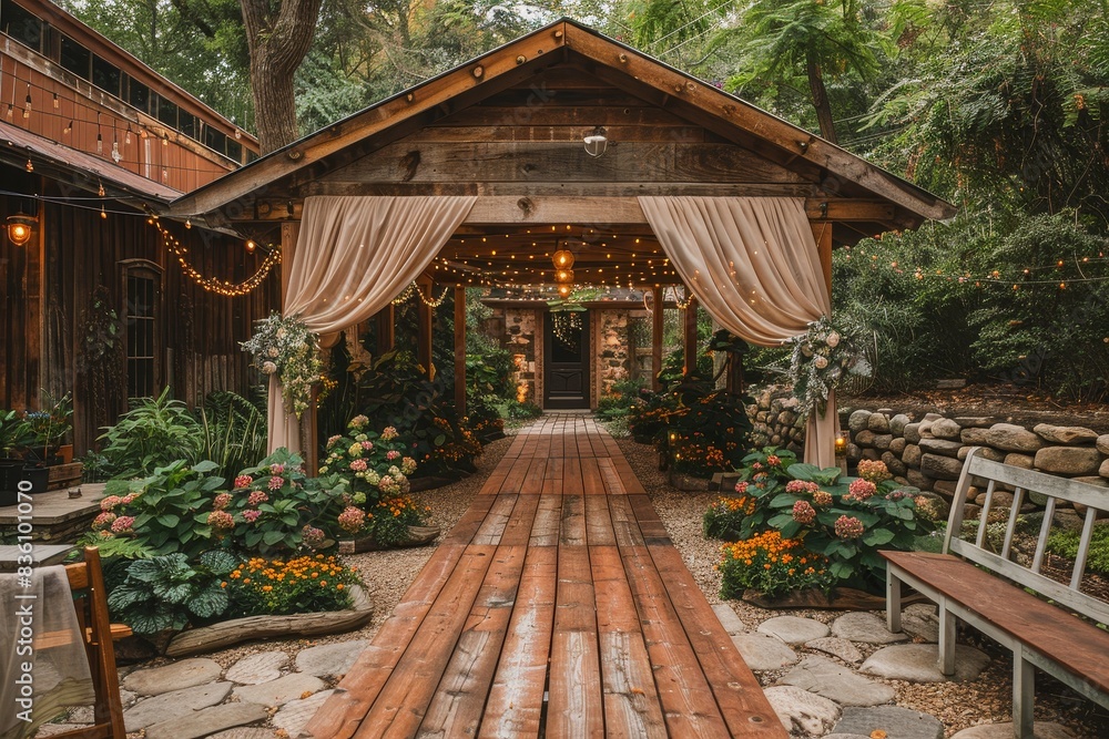 An enchanting evening setting at a rustic cabin with festoon lighting and lush greenery, offering a sense of warmth and welcome An enchanting evening setting at a rustic cabin with festoon lighting and lush greenery, offering a sense of warmth and welcome