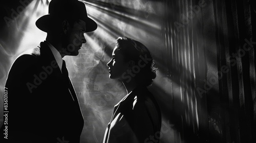 A man in a fedora and a woman stand in a beam of light, their faces illuminated in a classic film noir style.