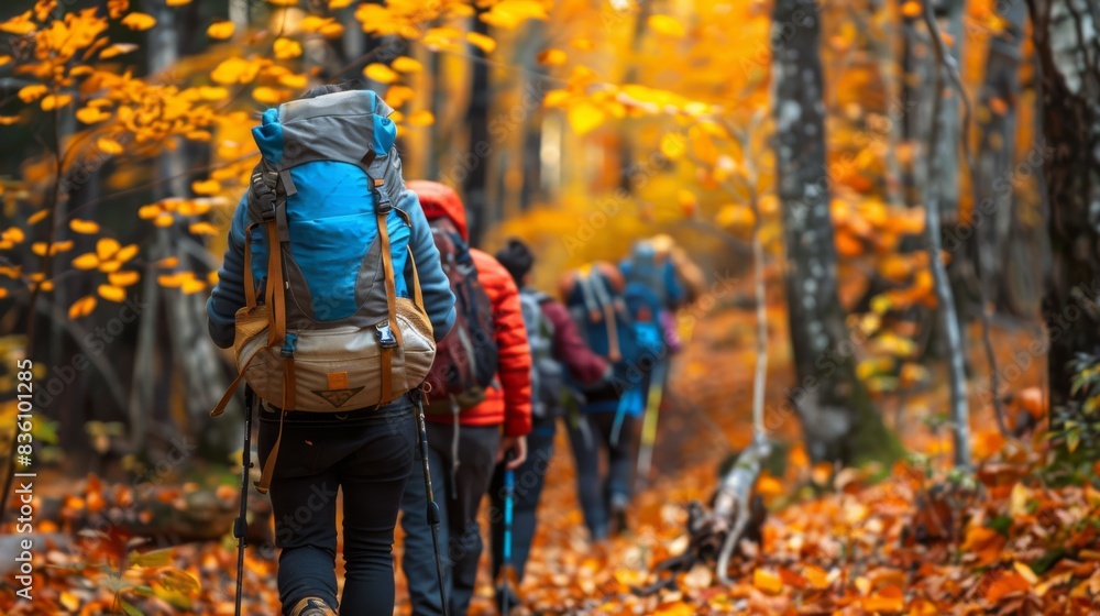 a group of hikers with backpacks hiking in autumn forest, rear view a group of hikers with backpacks hiking in autumn forest, rear view