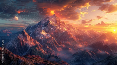 A majestic snow-capped mountain peak rises against a fiery sunset sky.