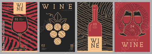 Set of modern line art magazine covers or posters with wine bottles, glasses and abstract texture. Restaurant menu design. Vector illustration
