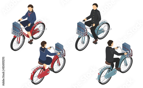アイソメトリックイラスト：自転車に乗る男女の中学生