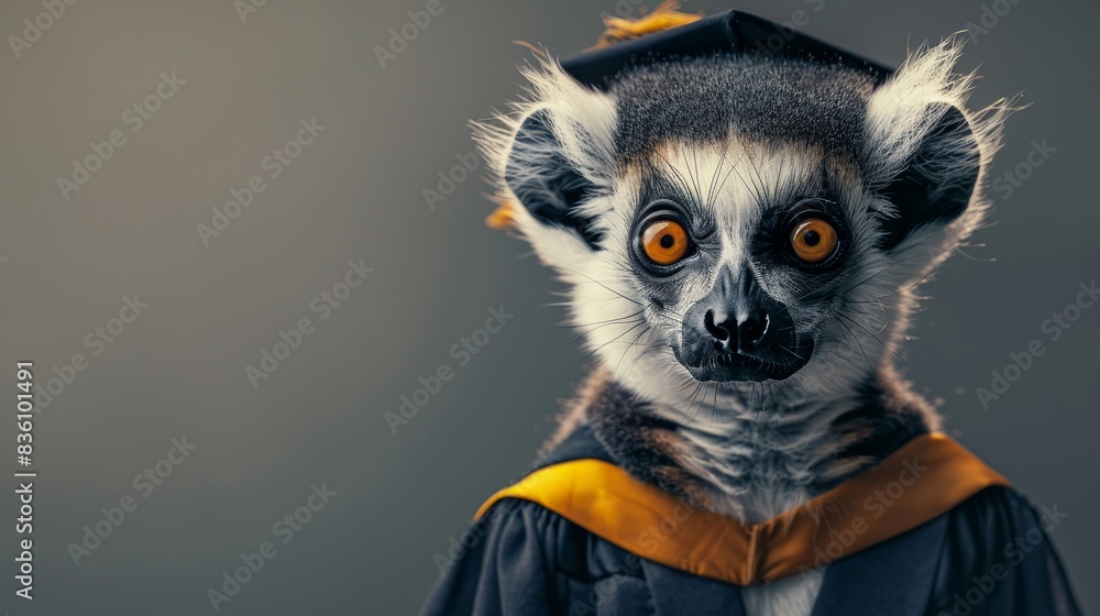 A lemur wearing a graduation cap and gown, looking at the camera with a surprised expression. A lemur wearing a graduation cap and gown, looking at the camera with a surprised expression.