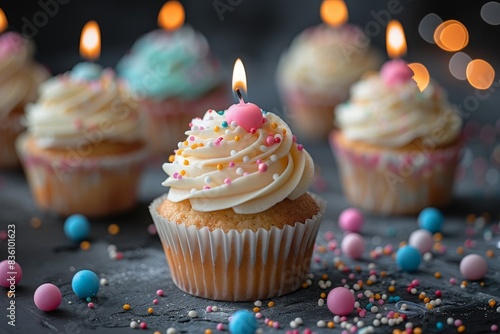 A festive close-up of vanilla cupcakes with colorful sprinkles and lit candles amidst a dark background