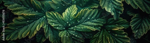 Close-up of lush, green leaves with droplets of water, showcasing natural beauty and intricate details of foliage.