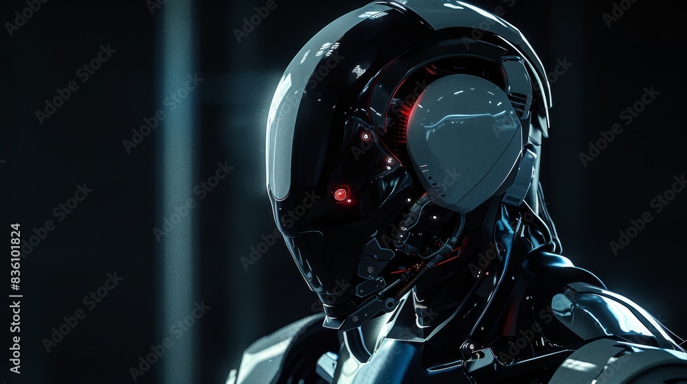 A futuristic robot with a sleek, metallic helmet and glowing red eyes stares intensely into the distance. A futuristic robot with a sleek, metallic helmet and glowing red eyes stares intensely into the distance.