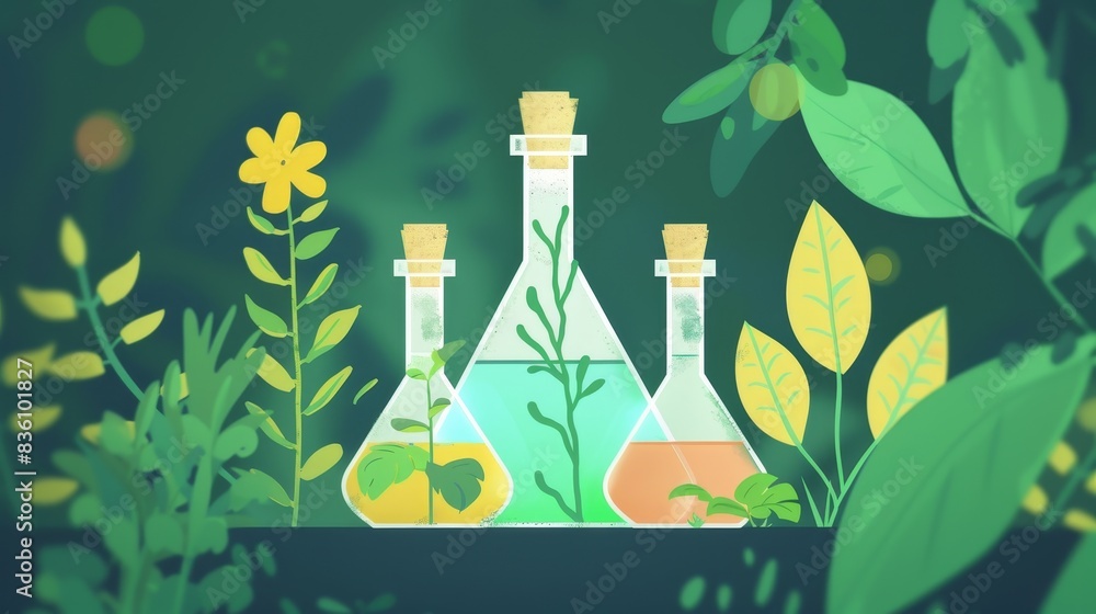 Illustration of glass bottles with plants inside, symbolizing natural remedies and botanical science. Green foliage background with leaves and flowers.