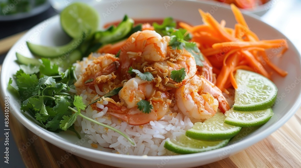 A delicious serving of featuring shrimp paste rice, fresh vegetables, and tangy lime wedges. A delicious serving of featuring shrimp paste rice, fresh vegetables, and tangy lime wedges.
