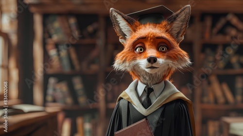 A fox in a graduation gown and cap stands in a library, holding a book. He looks up with a thoughtful expression. photo