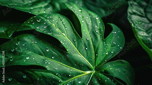 Close-up of lush green tropical leaves with water droplets. The vibrant foliage conveys freshness and tranquility, perfect for nature-themed designs.