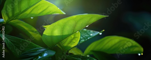 Close-up of vibrant green leaves with dew droplets, bathed in soft sunlight, creating a serene and refreshing nature scene.