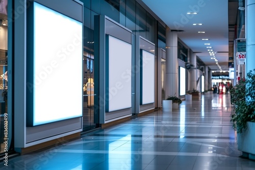 public shopping center mall or business center advertisement board space as empty blank white mockup signboard with copy space area, Generative AI