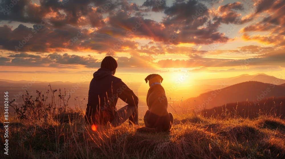 A dog and its owner watching a beautiful sunset from a hilltop, capturing a peaceful moment. A dog and its owner watching a beautiful sunset from a hilltop, capturing a peaceful moment.