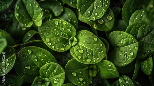 Close-up of green leaves with water droplets, showcasing the beauty and freshness of nature. Perfect for backgrounds and nature-related themes.