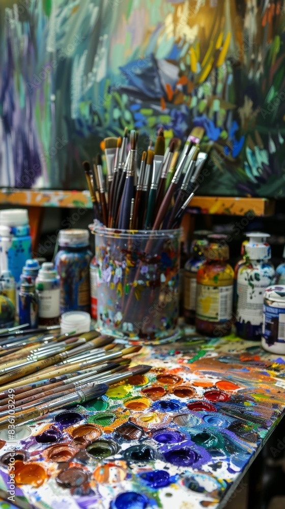 Vibrant artist's palette with paintbrushes and colors Vibrant artist's palette with paintbrushes and colors