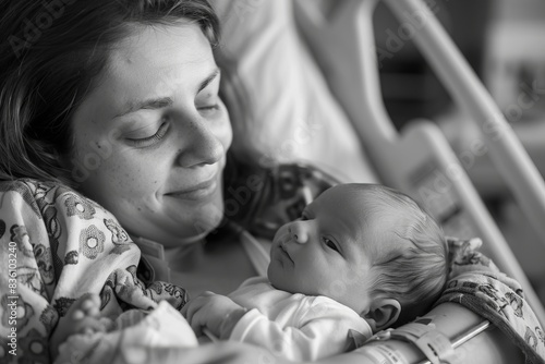 Mother smiling while holding her newborn baby on hospital bed. photo