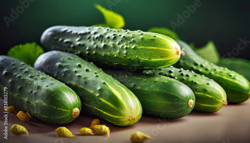 Whole fresh raw cucumbers on table background. Still life close up. Green vegetable. Organic food