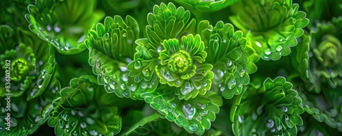 Close-up of vibrant green plants with detailed leaves and water droplets, showcasing natural beauty and freshness, perfect for nature photography.