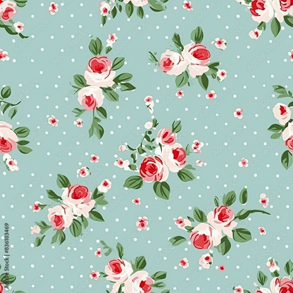 Fototapeta premium Seamless pattern, tileable floral country holiday print with roses, dots and flowers for wallpaper, wrapping paper, scrapbook, fabric and polka dot roses product design idea