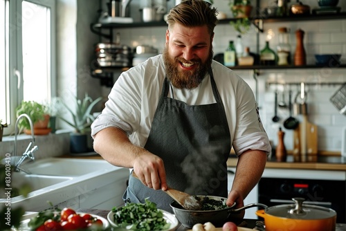 Happy man with a larger body type cooking in a home kitchen photo