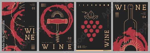 Set of modern line art magazine covers or posters with wine bottles, glasses and abstract texture. Restaurant menu design. Vector illustration