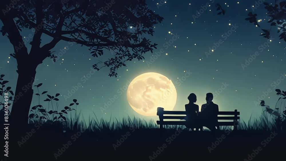 silhoutte of a couple sitting on bench looking at the moon at night, in front of a lake, sky full of stars, city view with trees and fireflies