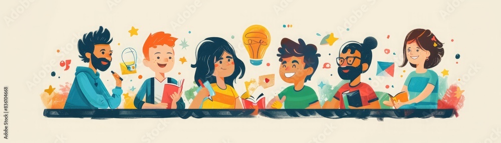 Illustration of a diverse group of people engaging in creative activities and collaboration, representing teamwork and innovation. Illustration of a diverse group of people engaging in creative activities and collaboration, representing teamwork and innovation.