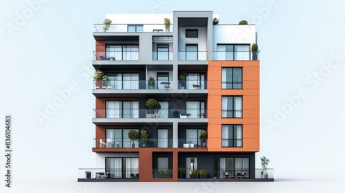 Modern apartment building exterior with balconies, large windows, and contemporary design. Ideal for urban living concepts. photo