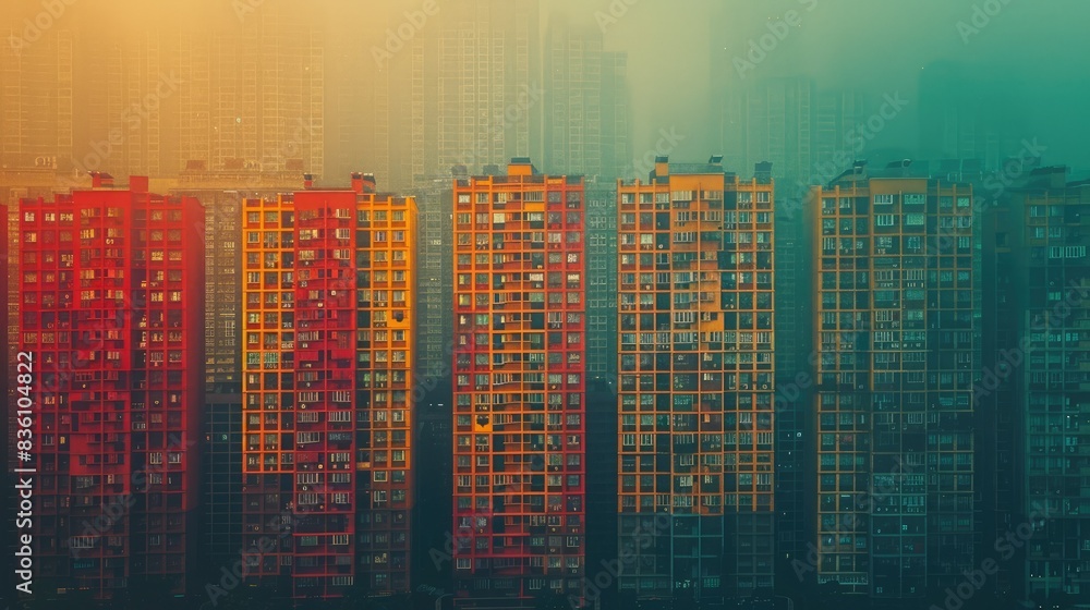 Obraz premium Vibrant high-rise apartment buildings in dense urban cityscape, shrouded in atmospheric fog at sunrise, showcasing urban density.