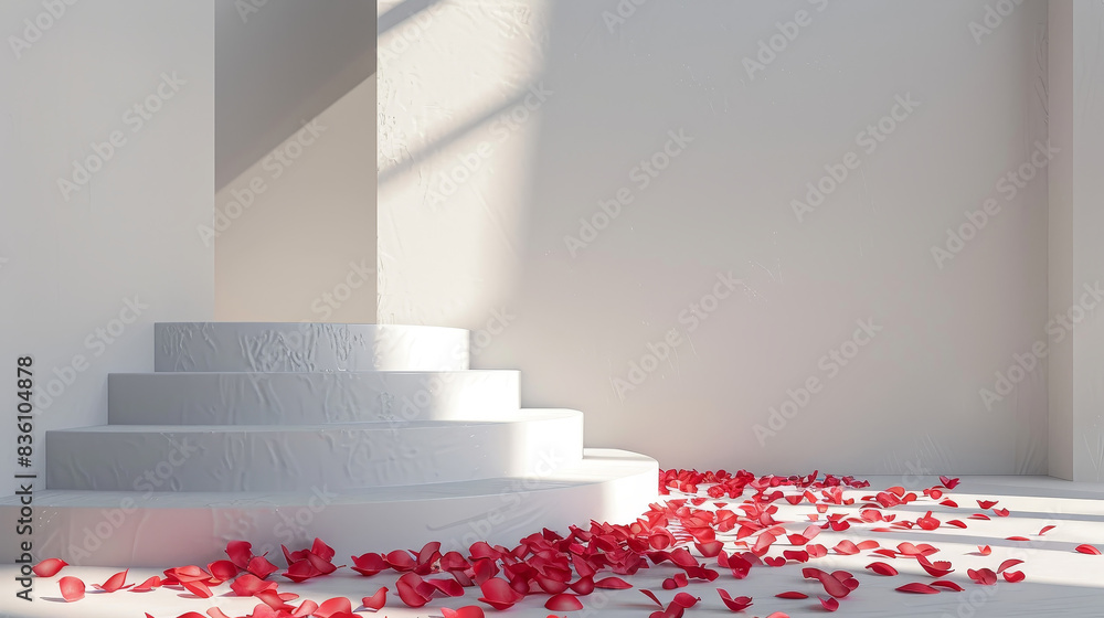 Obraz premium A white staircase with red flowers on the steps