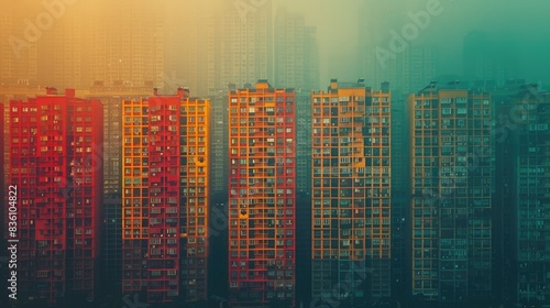 Vibrant high-rise apartment buildings in dense urban cityscape, shrouded in atmospheric fog at sunrise, showcasing urban density. photo