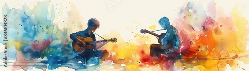 Vibrant watercolor illustration depicting two musicians playing guitars, surrounded by abstract colorful splashes of paint. photo