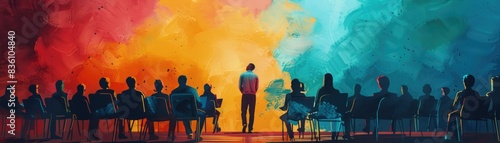Vibrant painting of a person in a room full of chairs, with a warm and cool color palette depicting a dramatic scene. photo