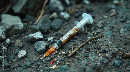 a used dirty syringe lying on the ground posing a danger of being injured and infected by it, the problem of drug addiction and unclean streets