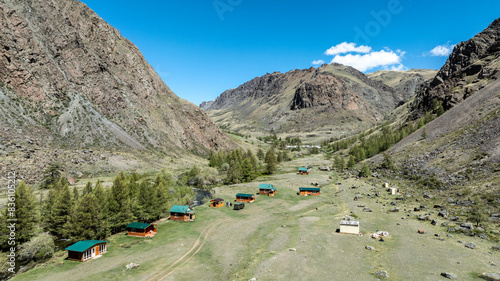 landscape of the surroundings of the village of Kosh Agach mountains with lakes and unusual landscapes in the southern regions of Altai in May photo