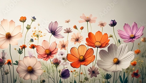 春の花、フローラルアート、自然の美、多様な色彩、コスモス、透明感、アート表現、フレッシュ、明るい背景、視覚的バランス、生命感