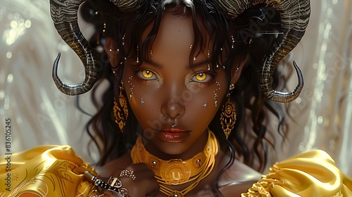 Tiefling woman with grey small horns to her head that grew to the sides, dark magical skin, yellow eyes, long curly black hair, wearing many braclets and rings photo