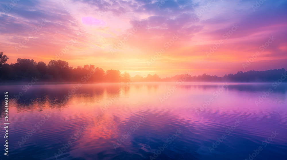 Fototapeta premium Serene Lakeside Sunrise, Generative Ai